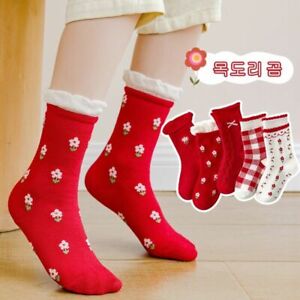 Kid Baby Girls Cotton Socks 5 Pack Red Warm Thick Socks Flower Christmas Sock