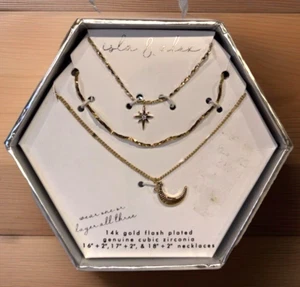 14K Gold Flash Plated Necklace Star Moon Pendant 3 Piece Set 16" 17" 18" - Picture 1 of 6