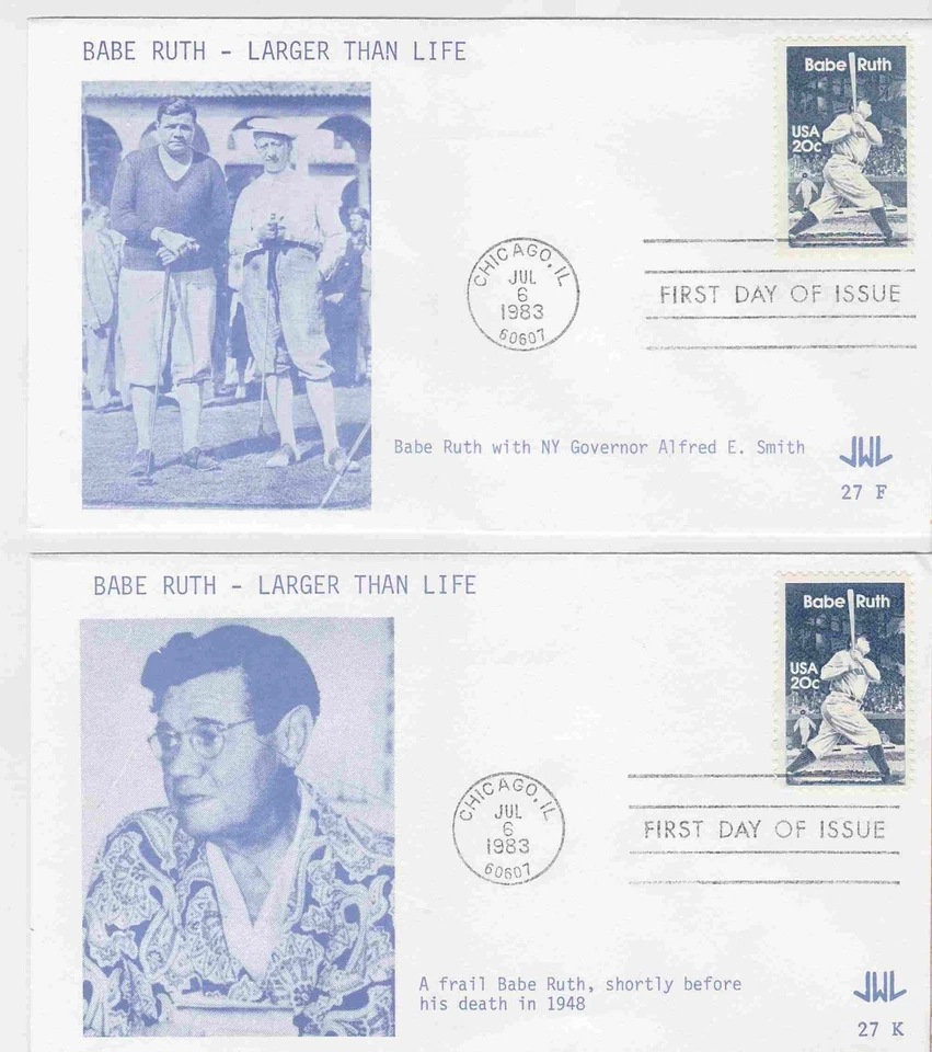 TurtlesTradingPost- Babe Ruth- 1983 #2046 FDC- JWL Cachet- 2 Covers - Image 1 of 1