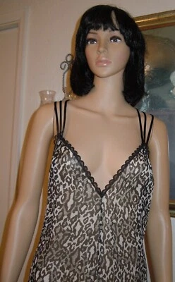 LUCIE ANN VTG Polyester SHEER ANIMAL PRINT Nightgown BLACK & IVORY size L large - Image 1 of 4