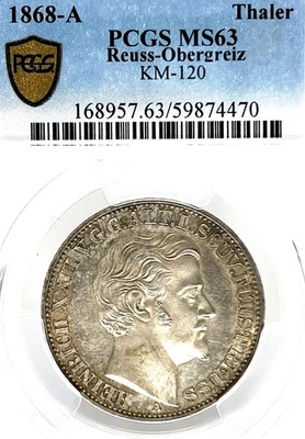 German States Reuss-Greiz 1868 Taler Coin Thaler PCGS MS 63 UNC F.STG/STG RARE - Image 1 of 3
