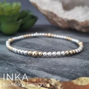 925 Sterling Silver beaded Stacking Bracelet with Gold filled beads By INKA - Picture 1 of 9