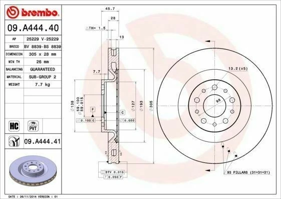一对 BREMBO 前制动盘 适用于菲亚特 DOBLO' COMBI/VAN/PLAYBACK 1.3 D MJT — 第 1/1 张图片