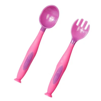 Juego de cuchara tenedor para bebé asas cortas entrenamiento para comer suave PP utensilios de alimentación para niños pequeños Foto 1 de 4