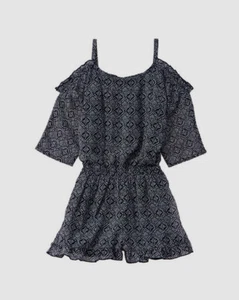 $64 Ella Moss Kids Girls Blue Printed Ruffle Slit Cold-Shoulder Romper Size 7/8 - Picture 1 of 1