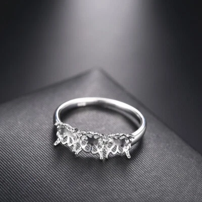 Anillo redondo base plana de tres piedras semi montaje joyería oro blanco macizo 10k 5,5 mm Foto 1 de 4