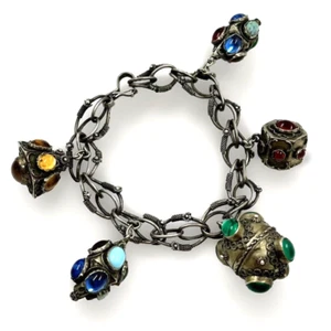 Vintage Etruscan Revival 5 Charm Bracelet Antiqued Metal Dimensional Jeweled - Picture 1 of 18