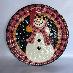 VTG Bella Casa/Ganz Red/Black Ceramic Snowman 10” Round Cookie Plate Platter 3D - Picture 1 of 9