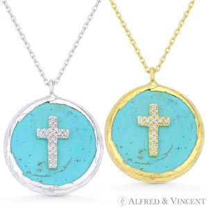 Cross Christian Charm CZ Turquoise Enamel 925 Sterling Silver Pendant & Necklace - Picture 1 of 3