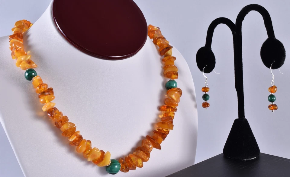 极佳珠宝套装 ~ 波罗的海琥珀和孔雀石 ~ 纯纯银 925 — 第 1/4 张图片