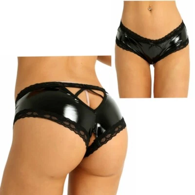 Damen Wetlook Hotpants Ouvert Slip mit Spitze Lack Leder Shorts String Höschen - Bild 1 von 4