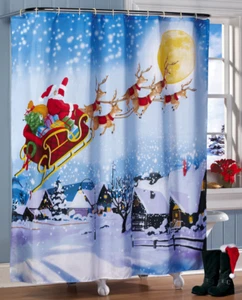 Christmas Decoration Santa Reindeer Fabric Shower Curtain & Rings - Picture 1 of 2