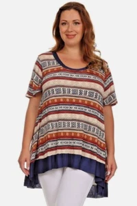 Nuevo torso túnica para mujer talla grande azul marino y óxido estampado tribal manga corta tallas 1X 2X - Imagen 1 de 4