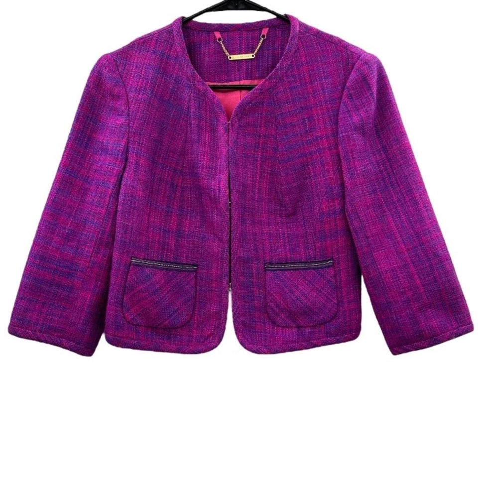 Блейзер Trina Turk шелковый фиолетовый и розовый твидовый с коротким рукавом размер 2 - Изображение 1 из 4