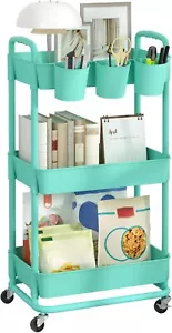 3-Tier Plastic Rolling Storage Cart Utility Cart with Extra Hanging Cups Handles - Picture 1 of 9
