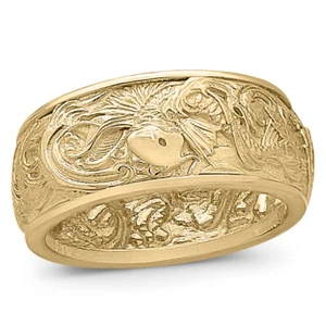 Solid 14K Yellow Gold Carp & Waves Ring 9mm Wide Band Koi Fish Japanese Ornament - Picture 1 of 11