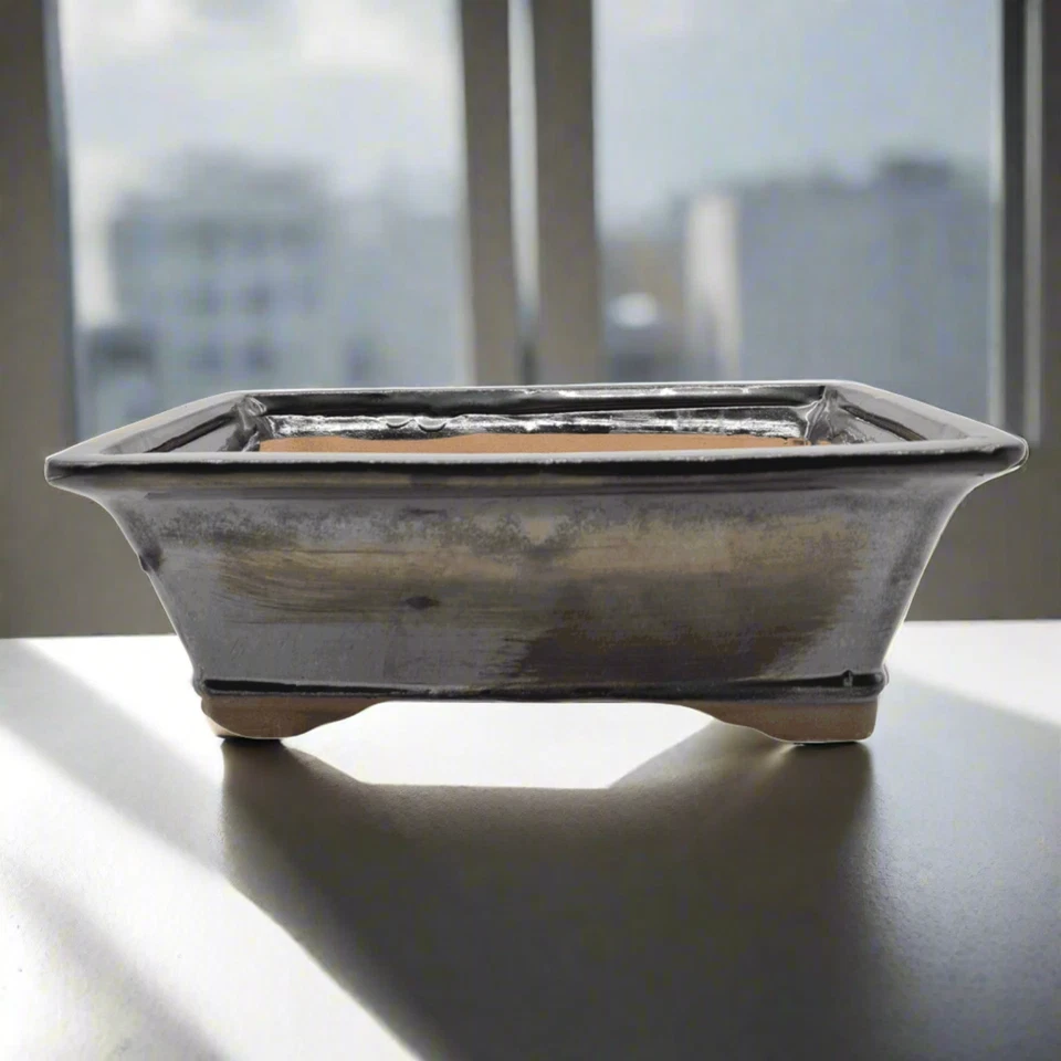 YORKSHIRE BONSAI 26cm Glazed Bonsai Pot | Rectangle | 26cm x 21cm x 9cm | Silver