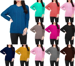 Womens Long Sleeve Chunky Diamond Cable Knitted Jumper Ladies Crew Neck Sweater - Picture 1 of 64
