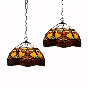 Pair of 2 Tiffany style Pendant Ceiling Lamps 10 inch Stained Glass Shade UK. - Picture 1 of 11