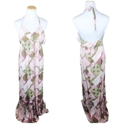 NWT Akiko Women's Floral Patch Maxi Halter Dress S/M Boho Empire Festival $129 - Image 1 of 4