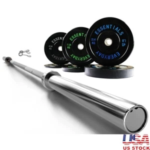 Olympic Bumper Plate Weight Set 160lbs with 7ft Barbell & Clips Heavy Lifting - Picture 1 of 11