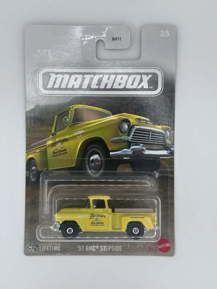 Camión de reparto Walmart 2/5 GMC Stepside Mooneyes 2025 Matchbox amarillo 57 Foto 1 de 1