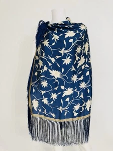 Giorgio Armani Bergdorf Goodman Blue Silk W Fringe Water Lily Print 52” x 52” - Picture 1 of 14