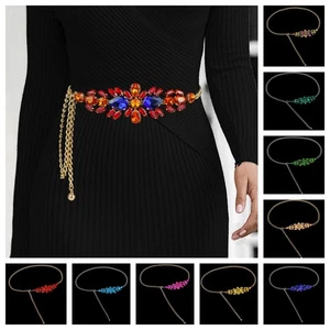 Women Crystal Rhinestone Metal Waist Chain Belt Corset Dress Skinny Waistband - Picture 1 of 31