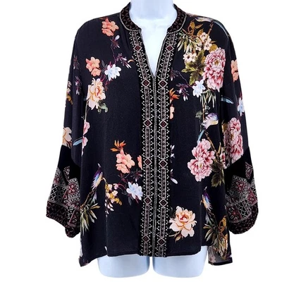 Johnny Was Workshop Black Floral Boho Tunic Top Velvet Trim Silk Blend V-Neck XS - Image 1 of 4