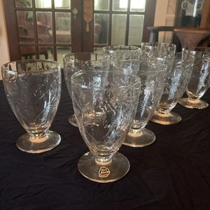 Set Of 8- Antique ROCK SHARPE Crystal Etched GLASSES Wine Water Goblets 4.5” - Picture 1 of 10