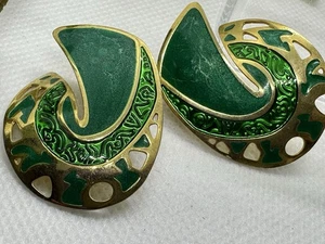 Vintage Berebi Green Enamel Gold Tone Statement Earrings  - Picture 1 of 6