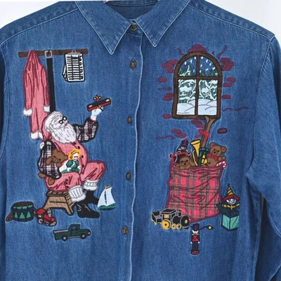 Camisa Vaquera Vintage Papá Noel Navidad Bordada Manga Larga Talla L Foto 1 de 4