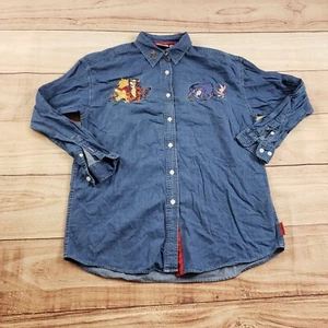 VINTAGE Disney Shirt Womens Small Blue Denim Button Up Winnie The Pooh Chambray - Picture 1 of 9