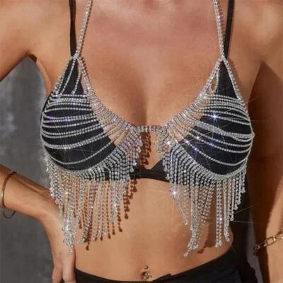 New Tassel Rhinestone Body Chain Bra Thong Women Sexy Bikini Set Crystal Jewelry - Image 1 of 4