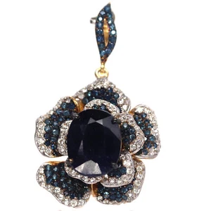 Gmestone 14 X 18 mm. Blue Sapphire & White Zircon Brooch 925 Silver Sterling - Picture 1 of 5