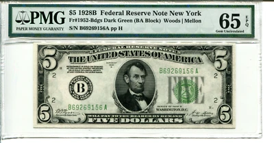 Fr 1952-B 1928B $5 Federal Reserve Note PMG 65 EPQ GEM UNCIRCULATED - Image 1 of 2