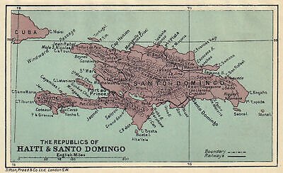 HISPANIOLA. Haiti & Santo Domingo (Dominican Republic) Vintage Map 1923 • 12.99£