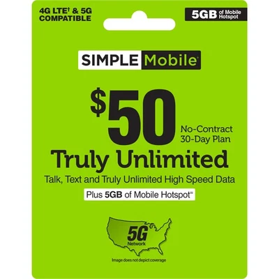 SIMPLE Mobile $50  Truly Unlimited Talk, Text, Data Plan[Physical Delivery] - Image 1 of 4