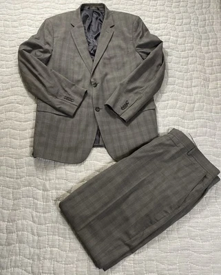 Banana Republic Suit Mens 46R 38x32 Gray Plaid Tailored Fit Blazer Pants Set - Image 1 of 4