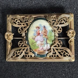 Large Victorian Gilt Brass Brooch Ornate Frame Hand Painted Porcelain Sash Pin - Picture 1 of 15