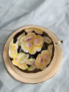RARE PARAGON PANSY / PANSIES BLACK & PEACH TEA CUP & SAUCER #G6600/1 1/1 - Picture 1 of 24