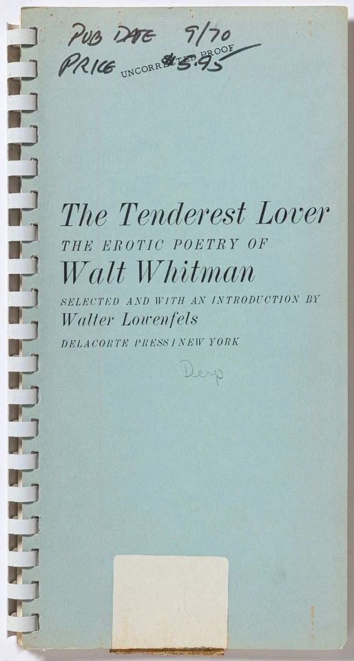 Tenderest Lover The Erotic Poetry of Walt Whitman / Uncorrected Proof 1st 1970 - Image 1 of 1