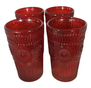 Pioneer Woman Adeline Embossed Red Glass Tumblers 16 oz SET OF FOUR EUC - Picture 1 of 14
