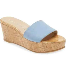 Stuart Weitzman Summer Sandal Womens US 9 Blue Leather Slip-On Wedge Heel KHD860 - Picture 1 of 10