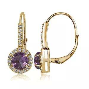 Yellow Gold Flash 925 Siver Simulated Alexandrite & CZ Round Leverback Earrings - Picture 1 of 3