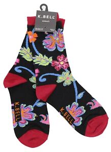K. Bell Women's Black Crew Socks Fancy Mod Flowers Colorful 60% Cotton Sz 9-11