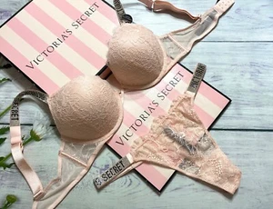 Victoria's Secret Bombshell + 2 cups lace Push Up Bra Set shine blush pink thong - Picture 1 of 3