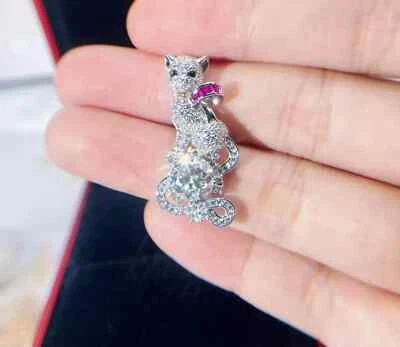 Pretty 2.5Ct Round Lab Created Diamond Cat Animal Pendant 14K White Gold Plated - Image 1 of 4