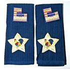 Country Rooster in Star Kitchen Towels 2-Pc Star Applique Design Blue Tan Cotton
