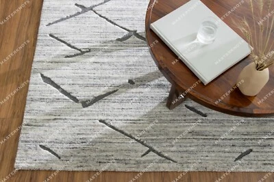 2.4x3m Bohémien Astratto Lana Area Tappeto Mano Indiano Tessuto Argento Tappeto - Immagine 1 di 4